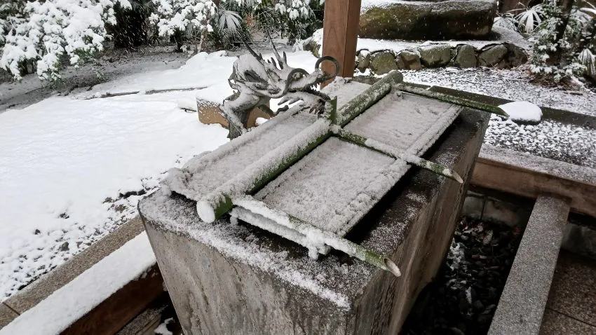 谷保天満宮 雪化粧 手水舎