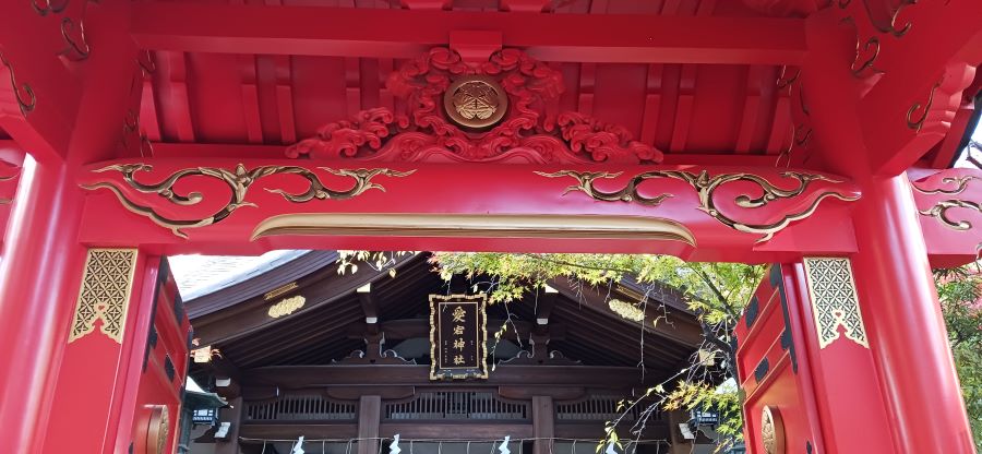 愛宕神社の神門の家紋と拝殿の扁額